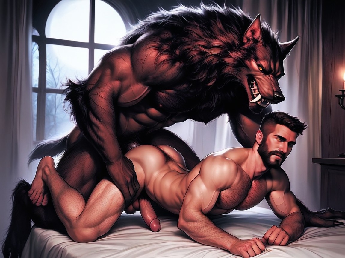 Penis Penetrating The White Male, White Man Is On, The Werewolf Has A Hairy Wolflike Body AI Gay Porn