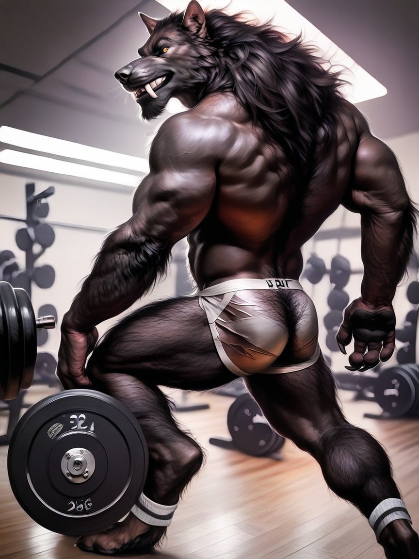 Photorealistic, Paw Feet Out Of The Werewolf’s White Gym Shoes, Finely Detailed Werewolf AI Gay Porn