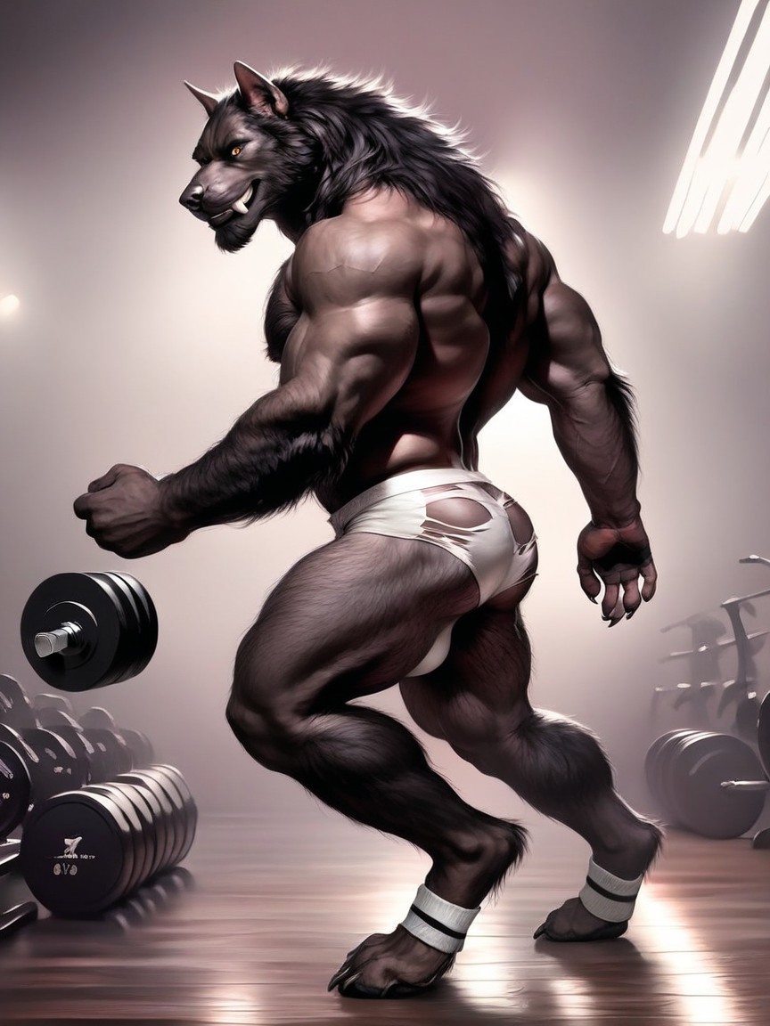 Wearing Ripped Blue Gym, Werewolf Lifting Large Weights Above Its Head, Finely Detailed Skin Texture AI Gay Porn