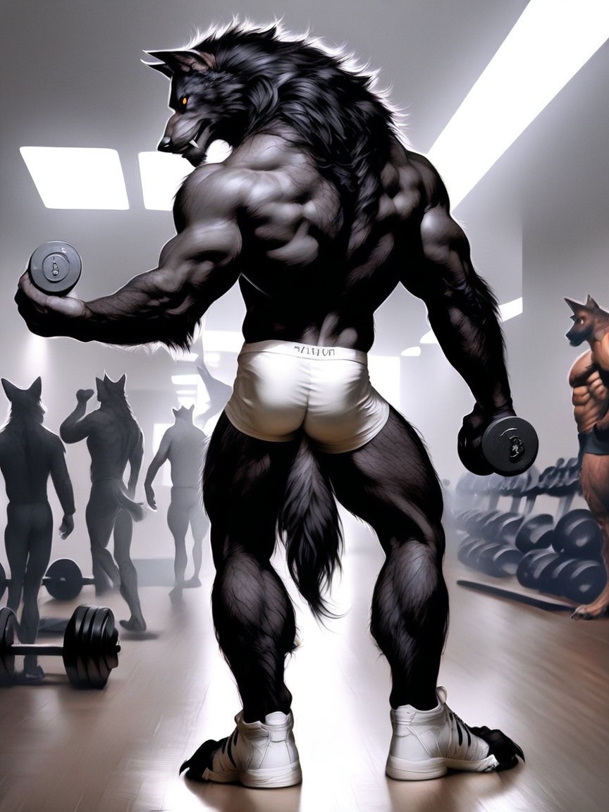 Werewolf Lifting Large Weights Above Its Head, Werewolf Has A Massive Oversized Muscular Torso, Werewolf In A Gym AI Gay Porn