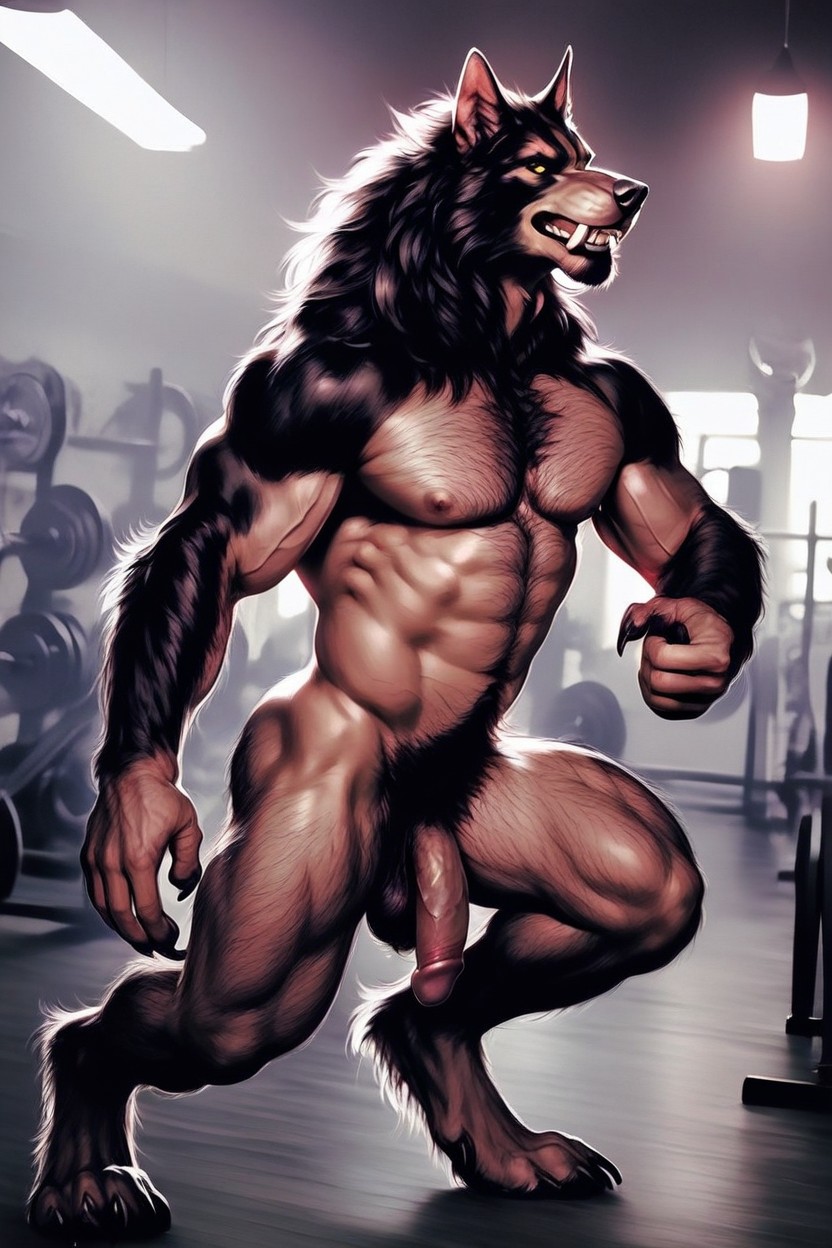 Paw Feet Out Of The Werewolf’s White Gym Shoes, Wide-shot, Werewolf Has A Massive Oversized Muscular Torso AI Gay Porn