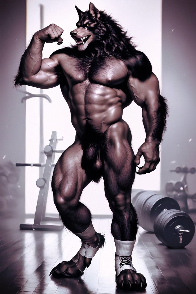 Excited Yellow Eyes, Werewolf Has A Massive Oversized Muscular Torso, Average Sized Hairy Balls AI Gay Porn