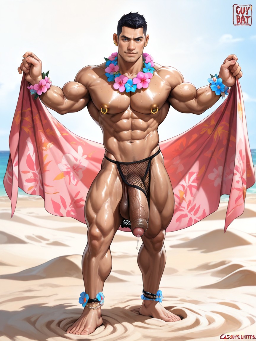 Precum Oozing, Fishnet Billowing Loincloth Exposing All Genitals And Crotch, Defined Muscular Arms AI Gay Porn