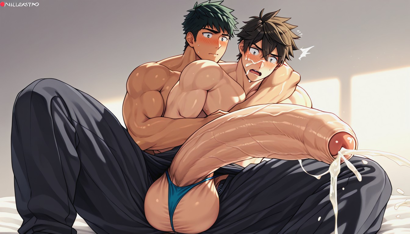 Surprised Orgasm, Upright Mega Bulge, Rear View AI Gay Porn