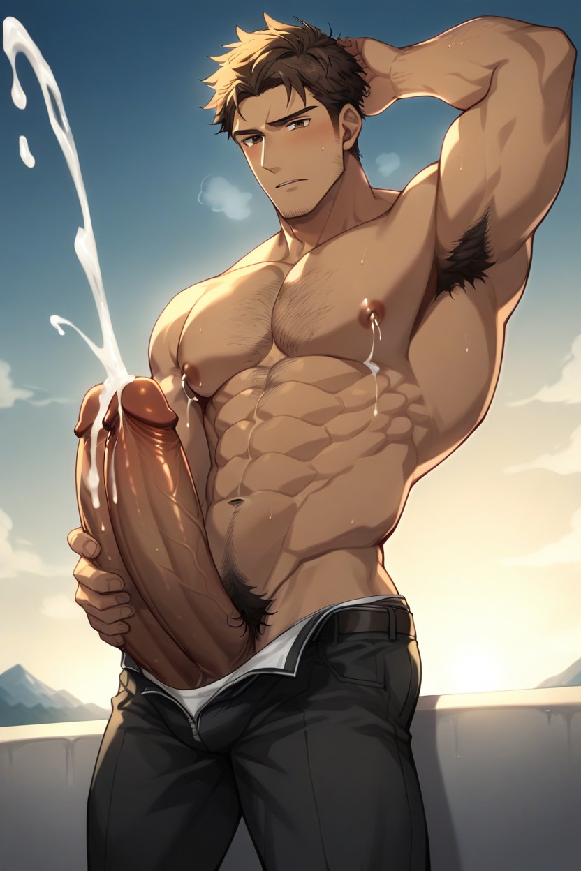 Tired Face , Big Back Muscle Wearing A Black Pants, Manstubation AI Gay Porn