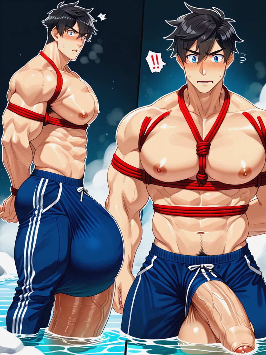 Multiple Embarassed Men With Hyper Erect Pants Bulge, In Public, Penis Longer And Thicker Than Body AI Gay Porn