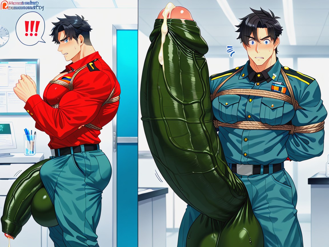 Males Only, Looking Down Surprised At Penis, Impossibly Long And Thick Hyper Cock AI Gay Porn