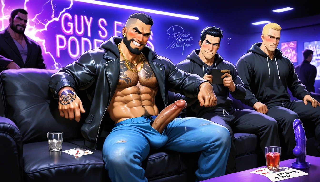 Precum Dripping, Pulling Down Sweatpants, Black Background AI Gay Porn