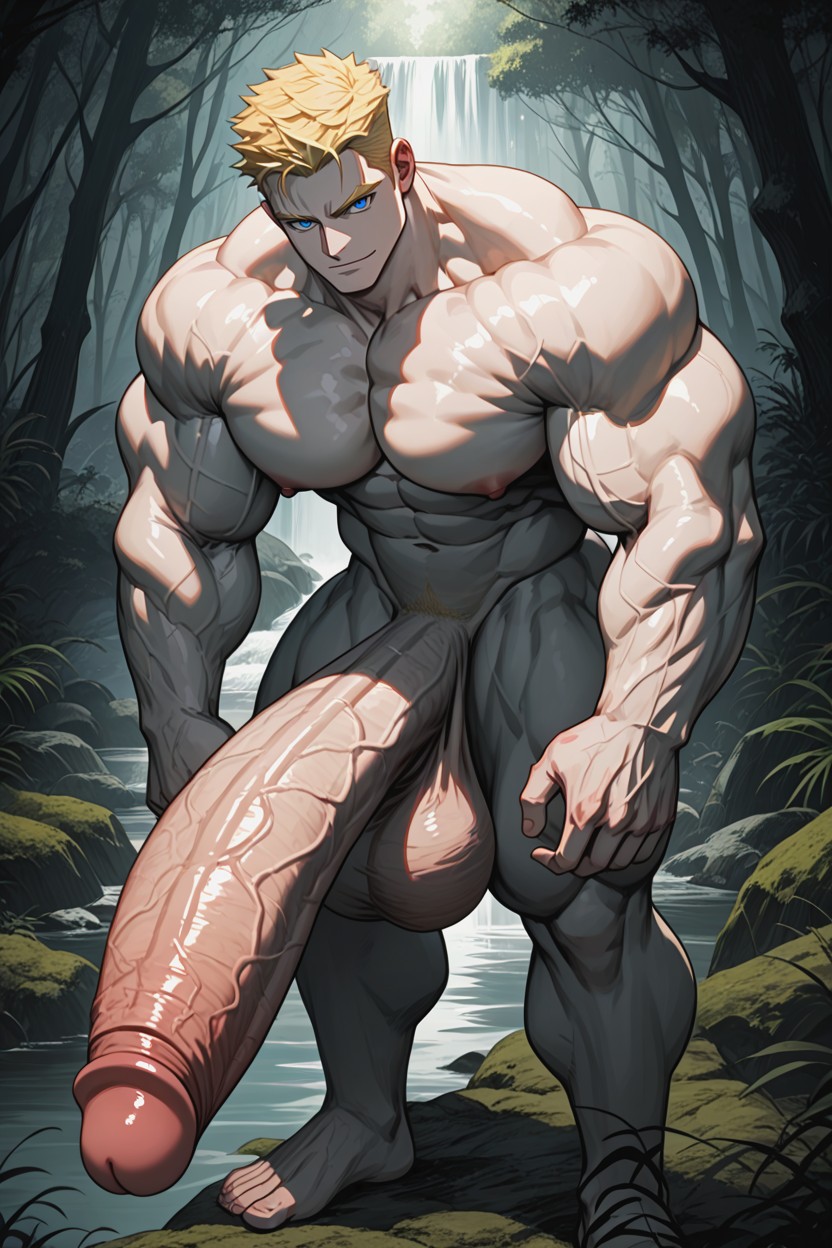 Hyper Massive Huge Round Pecs, Clean Shaven, Massive Hyper Penis AI Gay Porn
