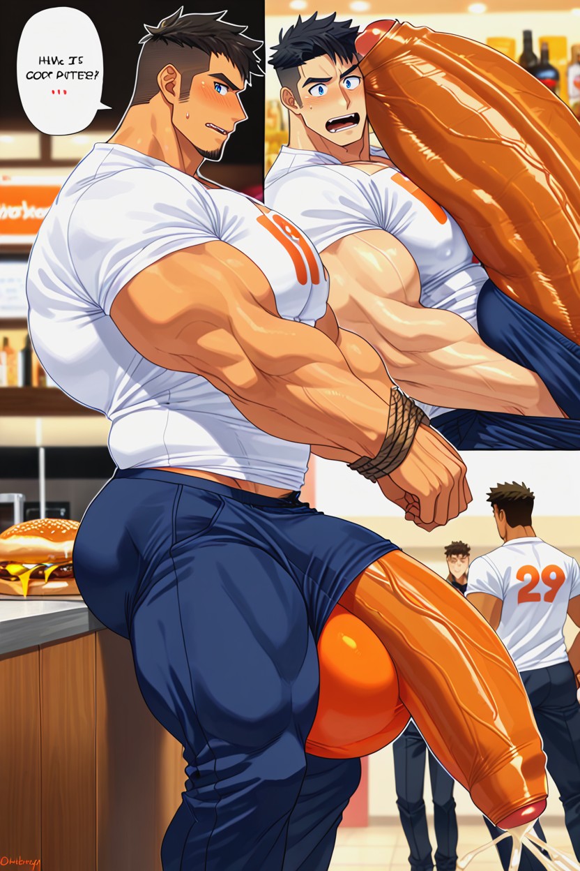 Accidental Orgasm, Seated Customers Eating And Drinking, Huge Plump Balls AI Gay Porn