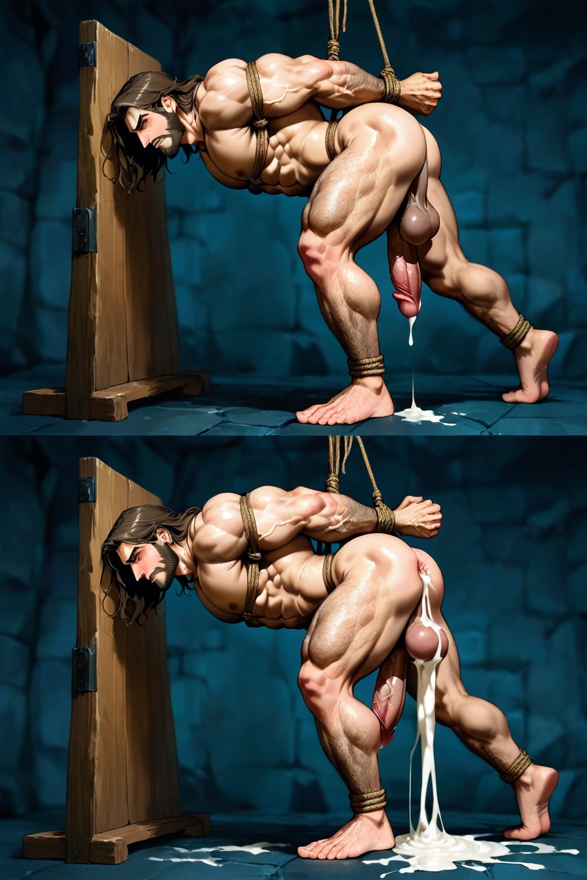 Dynamic Pose, Cock And Balls Hogtie To The Ground From Chair, Side View AI Gay Porn