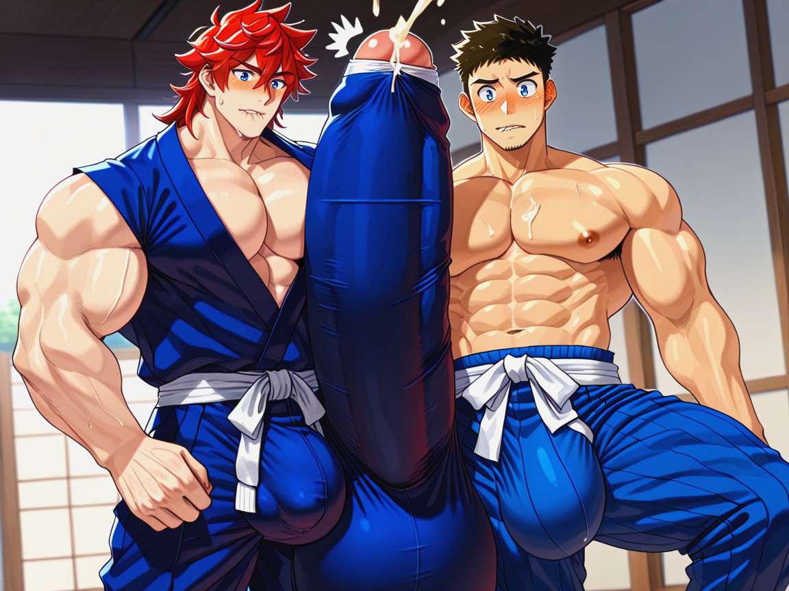 Hugging Cock, Red Hair, Beitemian Art Style AI Gay Porn