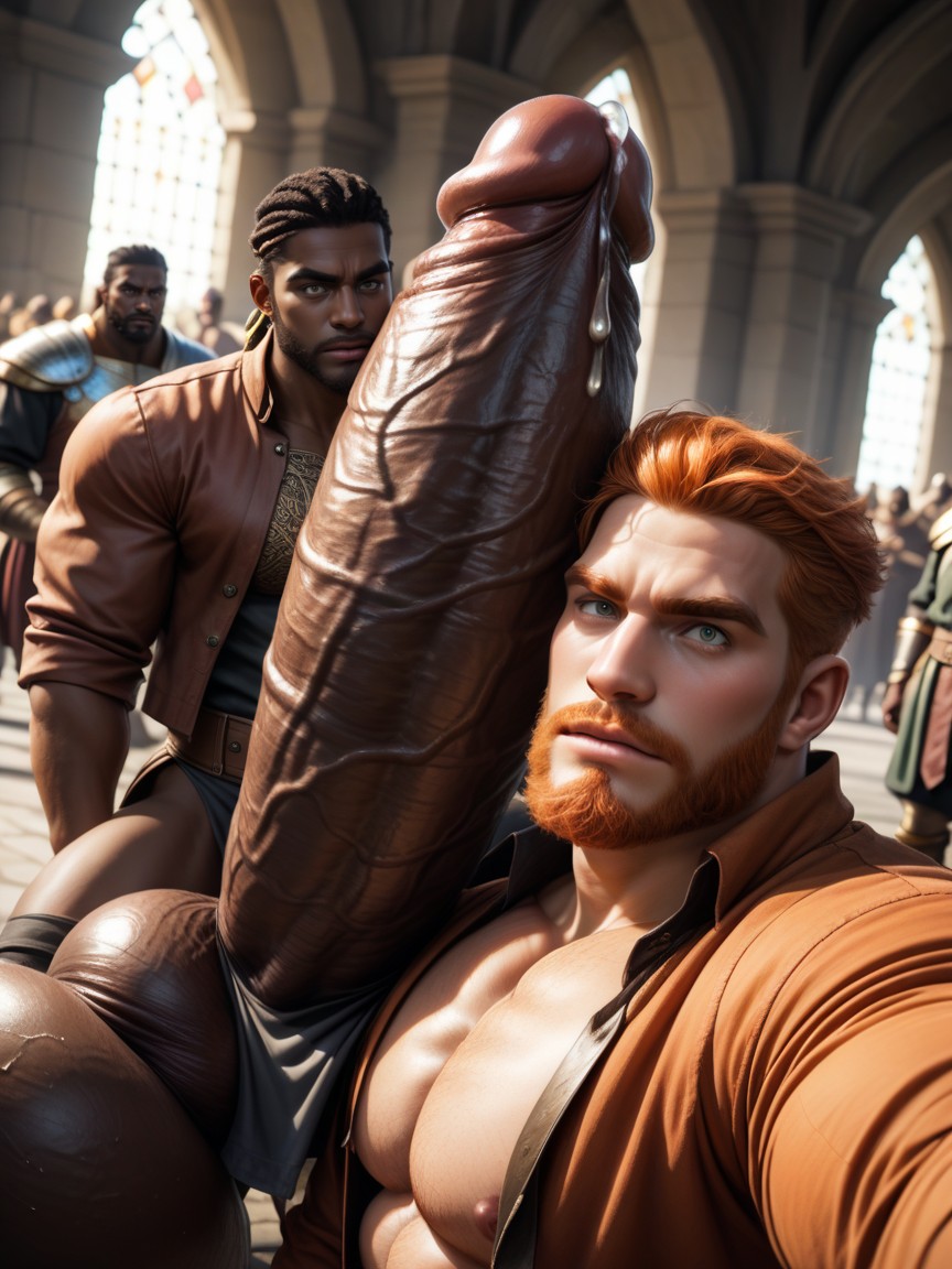 Precum, Precum Droplet On Tip, Manly Bearded Ginger Guy Looking Up AI Gay Porn