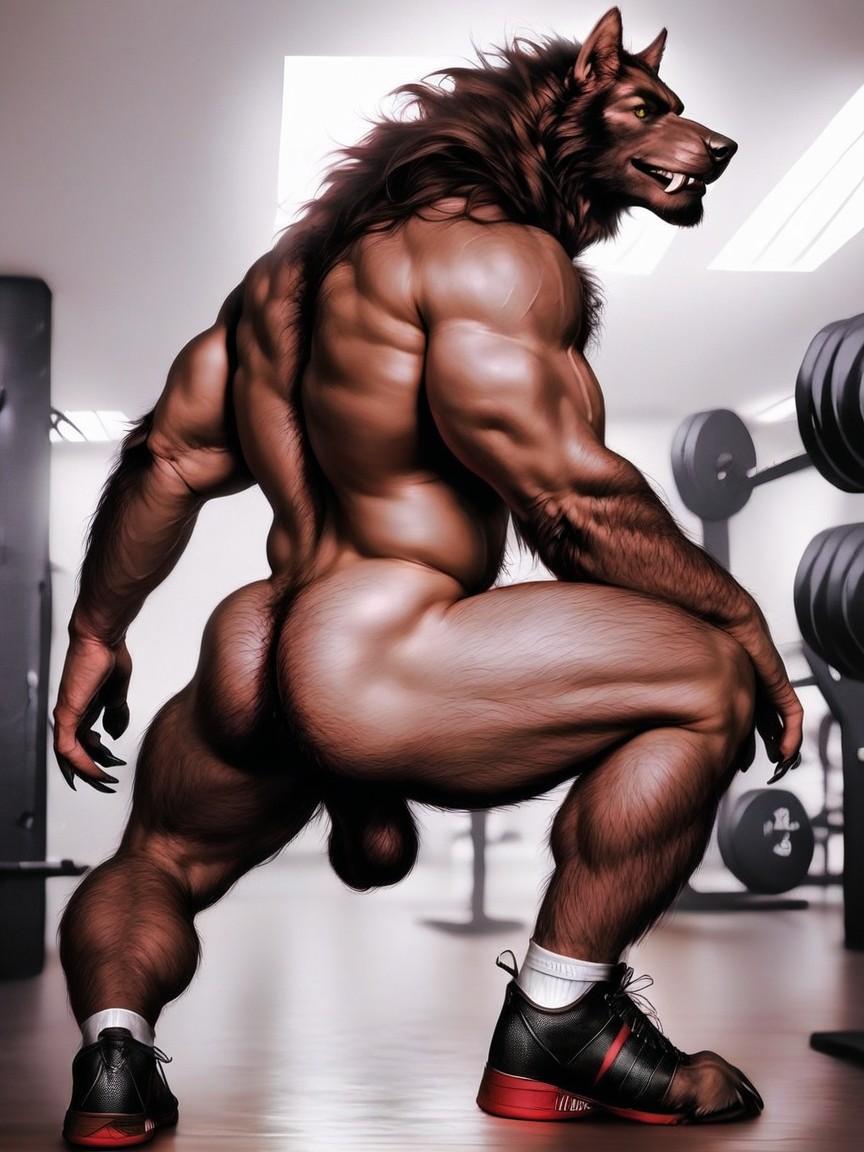 Werewolf In A Gym, Hairy Muscular Wolflike Body, Thick Body Hair AI Gay Porn
