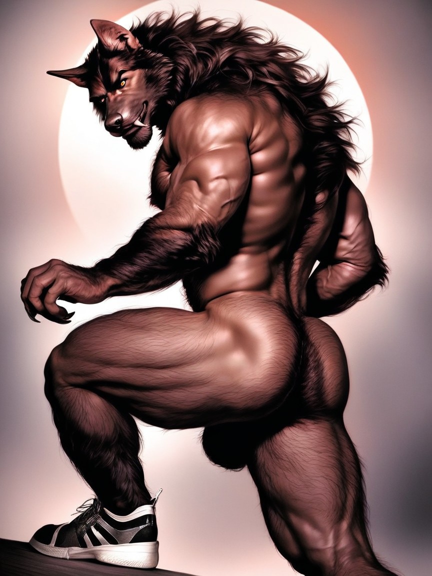 Hairy Muscular Wolflike Body, Finely Detailed Skin Texture, Yellow Eyes AI Gay Porn