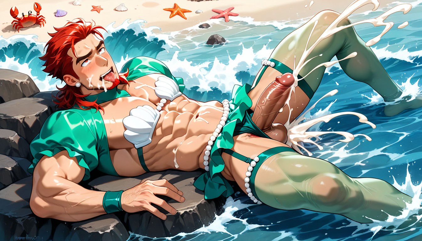 Legs Spread, Mint Thigh-high Stockings, White Pearl Earrings AI Gay Porn