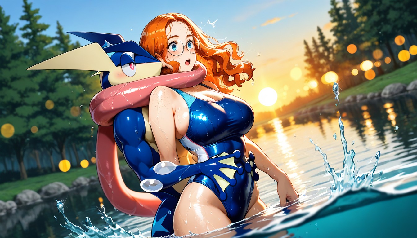 Greninja Wrapped Tongue Around Woman Waist, Sunlight On Face, Blue One-piece Swimsuit AI Gay Porn