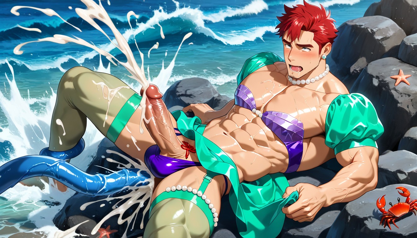 Man Dressed Seashell Purple Bikini Bra, Legs Spread, Lying On A Rock AI Gay Porn