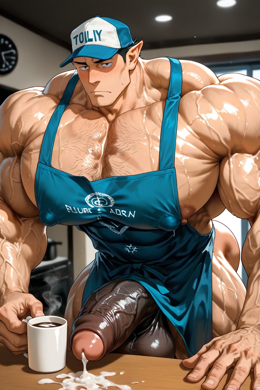 Big Muscles, Barista, Vivid Cinematic Light Casting Rembrandt-style Deep Shadows On His Massive Bulking Body AI Gay Porn