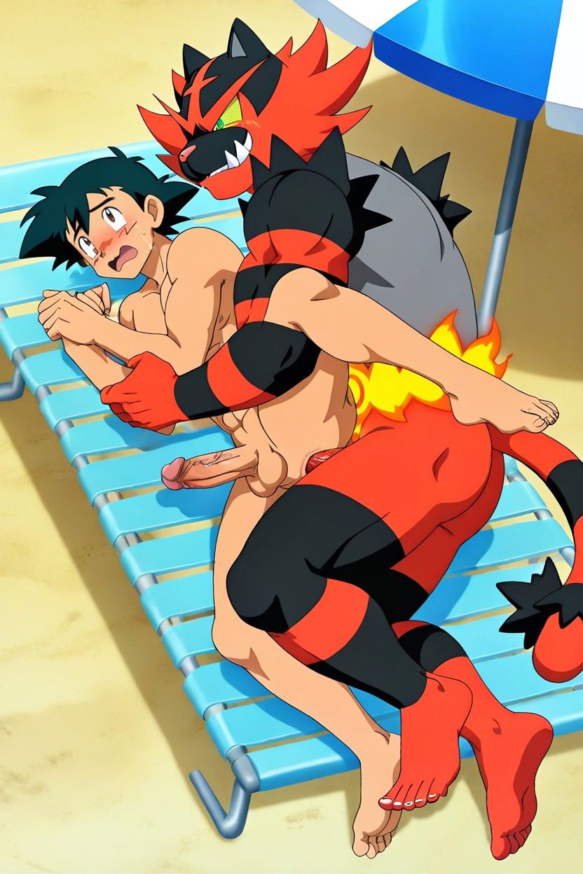 Ash Ketchum Fucking Incineroar From Behind, Spooning, Stubborn AI Gay Porn