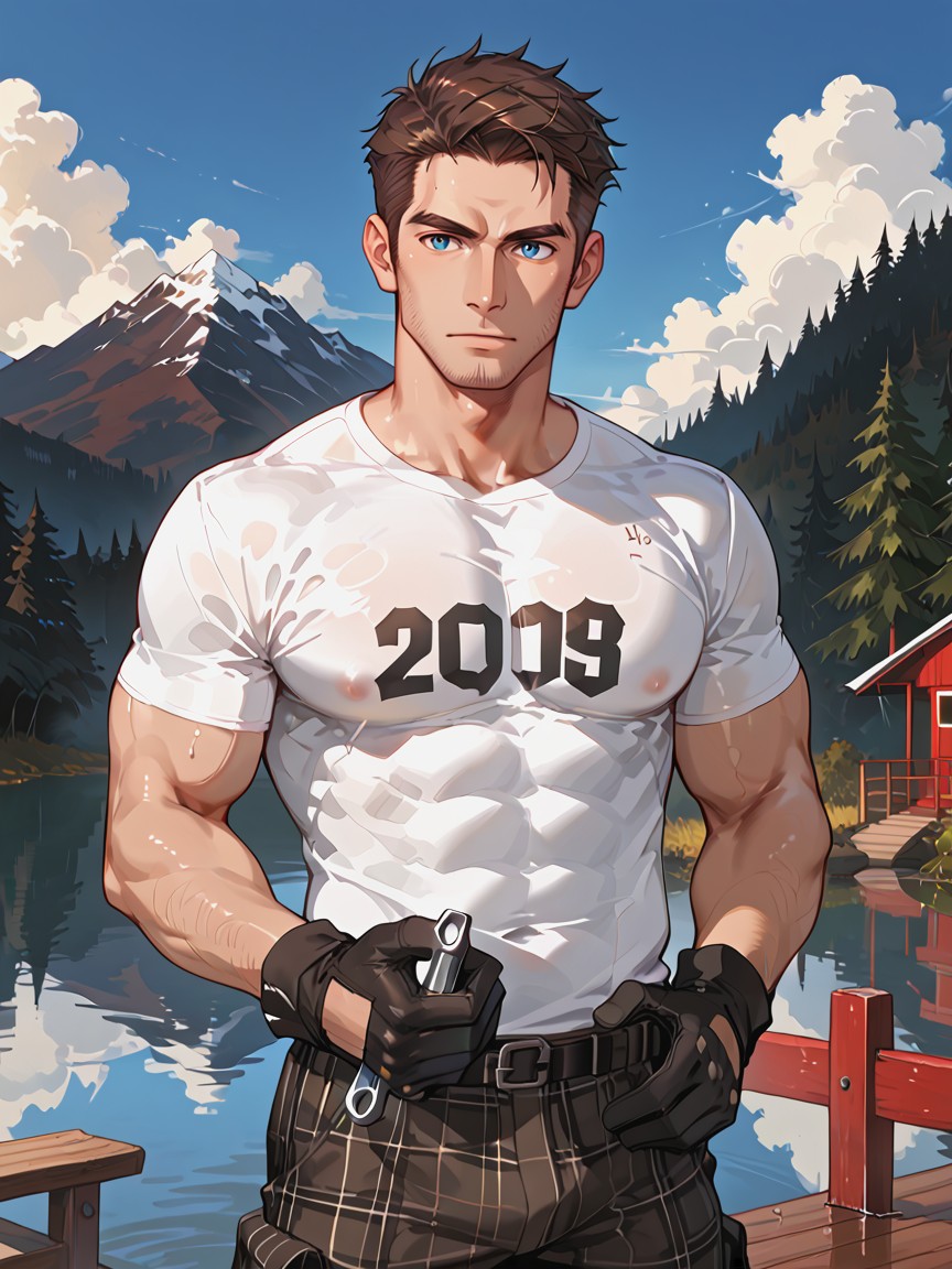 Serene Lake Background, Rugged Man, S AI Gay Porn