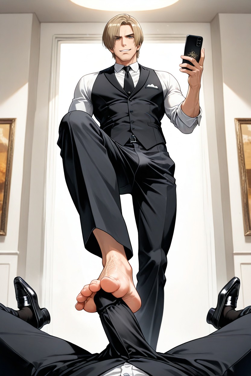 25+, Footjob, Ballbusting Wearing Black Smart Dress Shoes AI Gay Porn