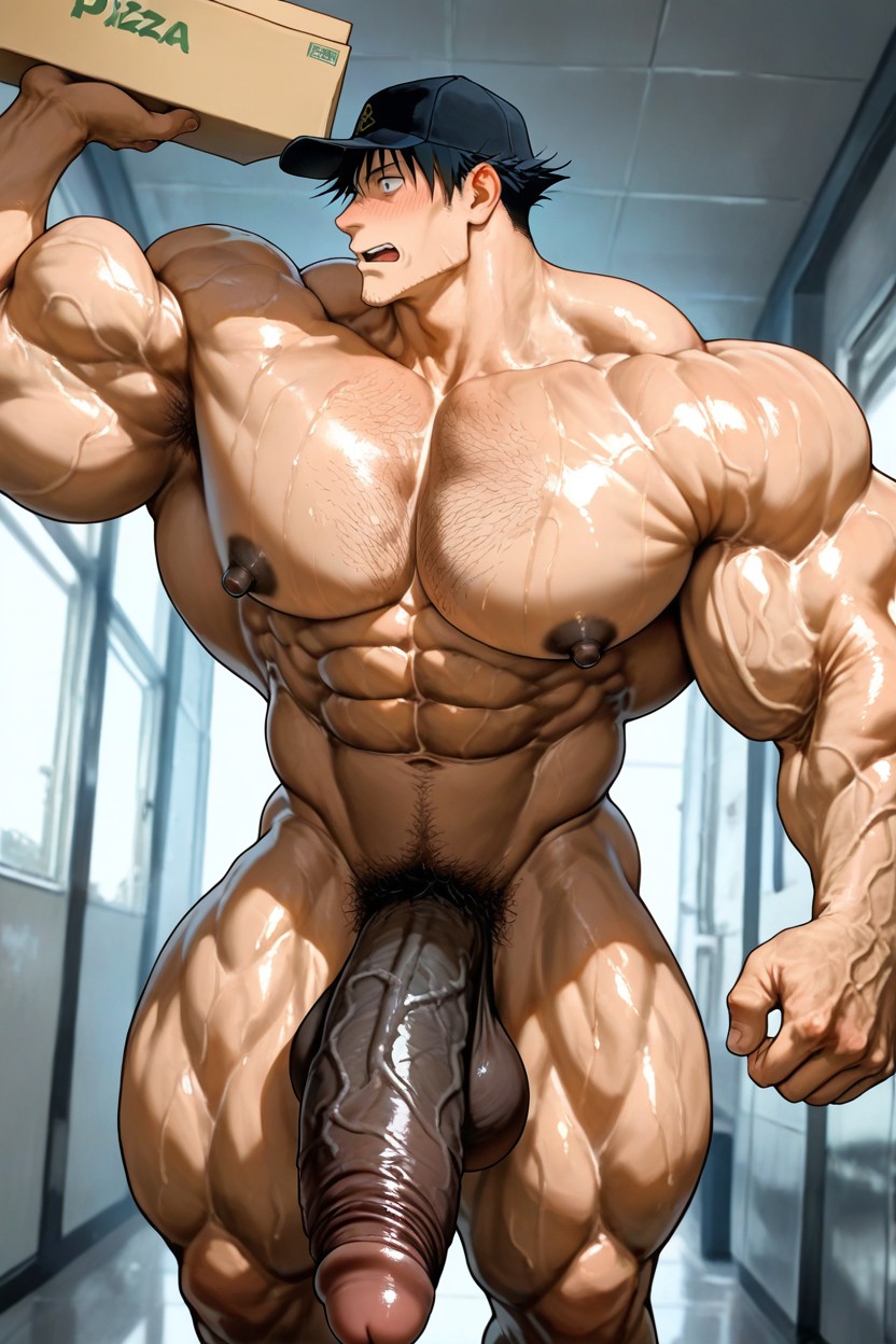 Front View, Vivid Cinematic Light Casting Rembrandt-style Deep Shadows On His Massive Bulking Body, Brought A Pizza Box AI Gay Porn