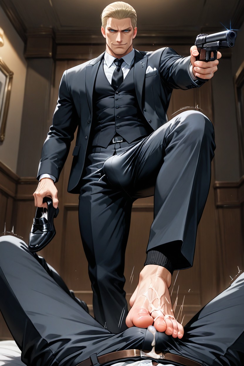 Skinny, Black Leather Fingerless Gloves White Button Down Shirt, Shoe Job AI Gay Porn