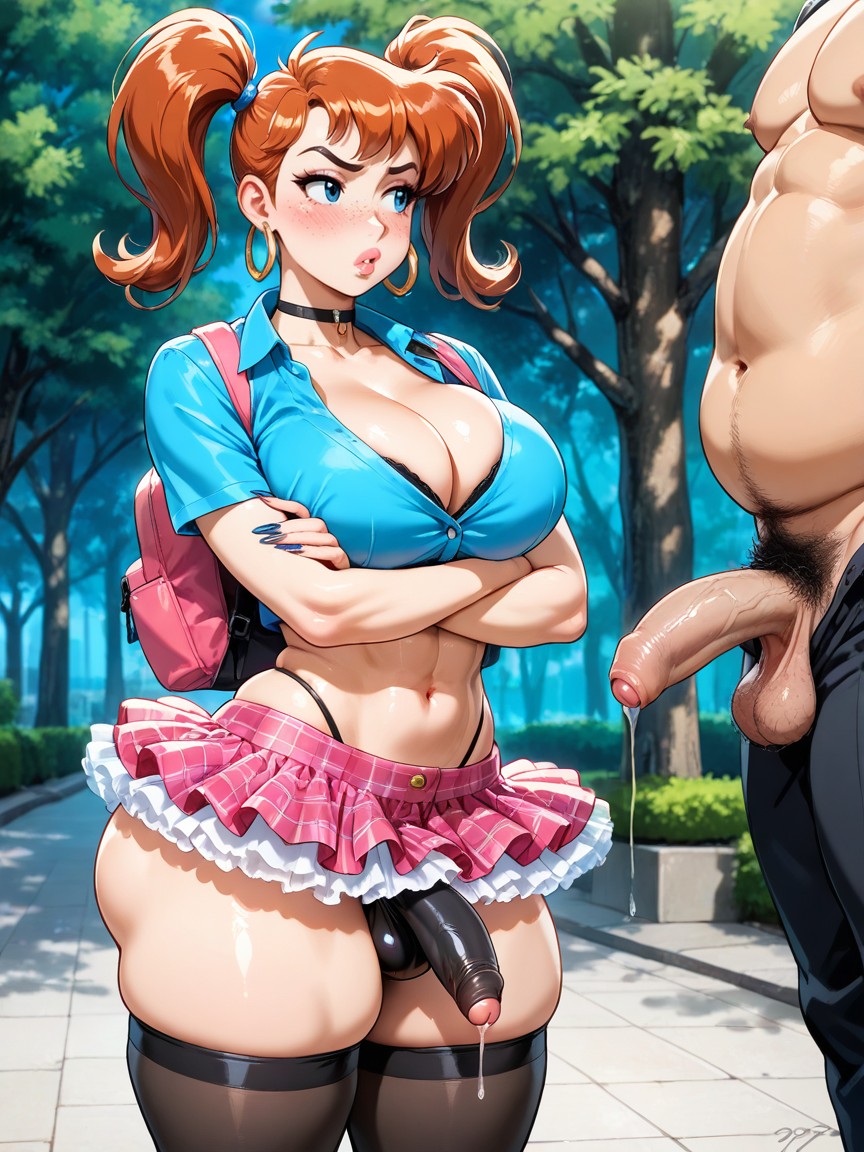 Brown Twintails Hairstyle, Hoop Earrings, Standing In The Park AI Gay Porn