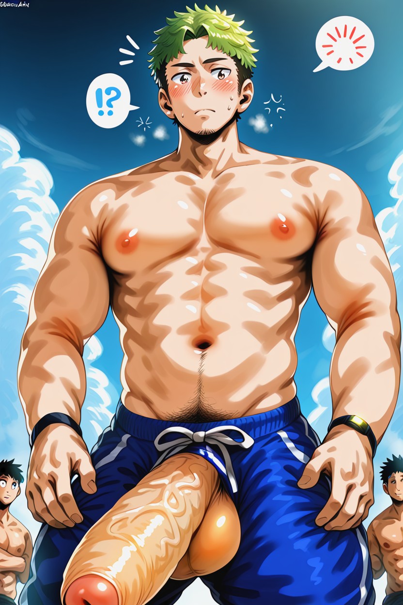 Bara Manga, Gigantic Erect Hyper Bulges, Looking Down Surprised At Penis AI Gay Porn