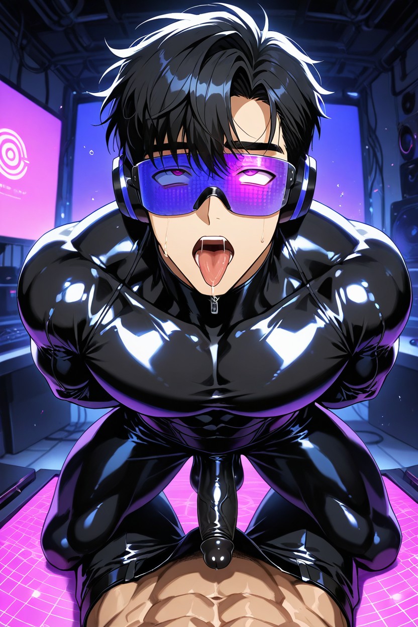 Black Hair, Wearing Black Vinyl Suit Body Hugging Outfit, Both Of Them Were Wearing Virtual Reality Glasses And Headphones AI Gay Porn