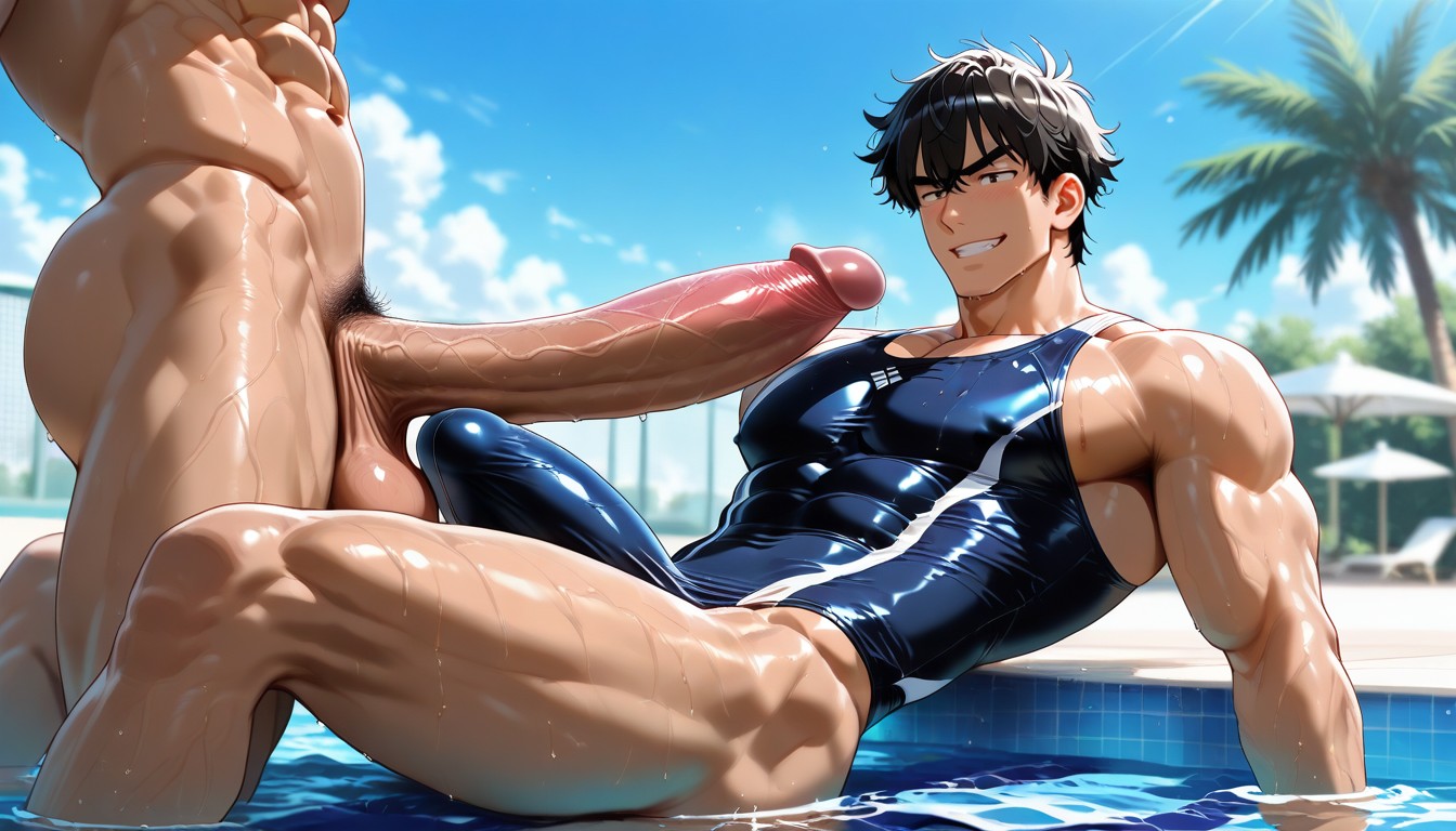 Swimsuit Stretched By Penis, Anime Manhwa Style, Massive Penis Bulge AI Gay Porn