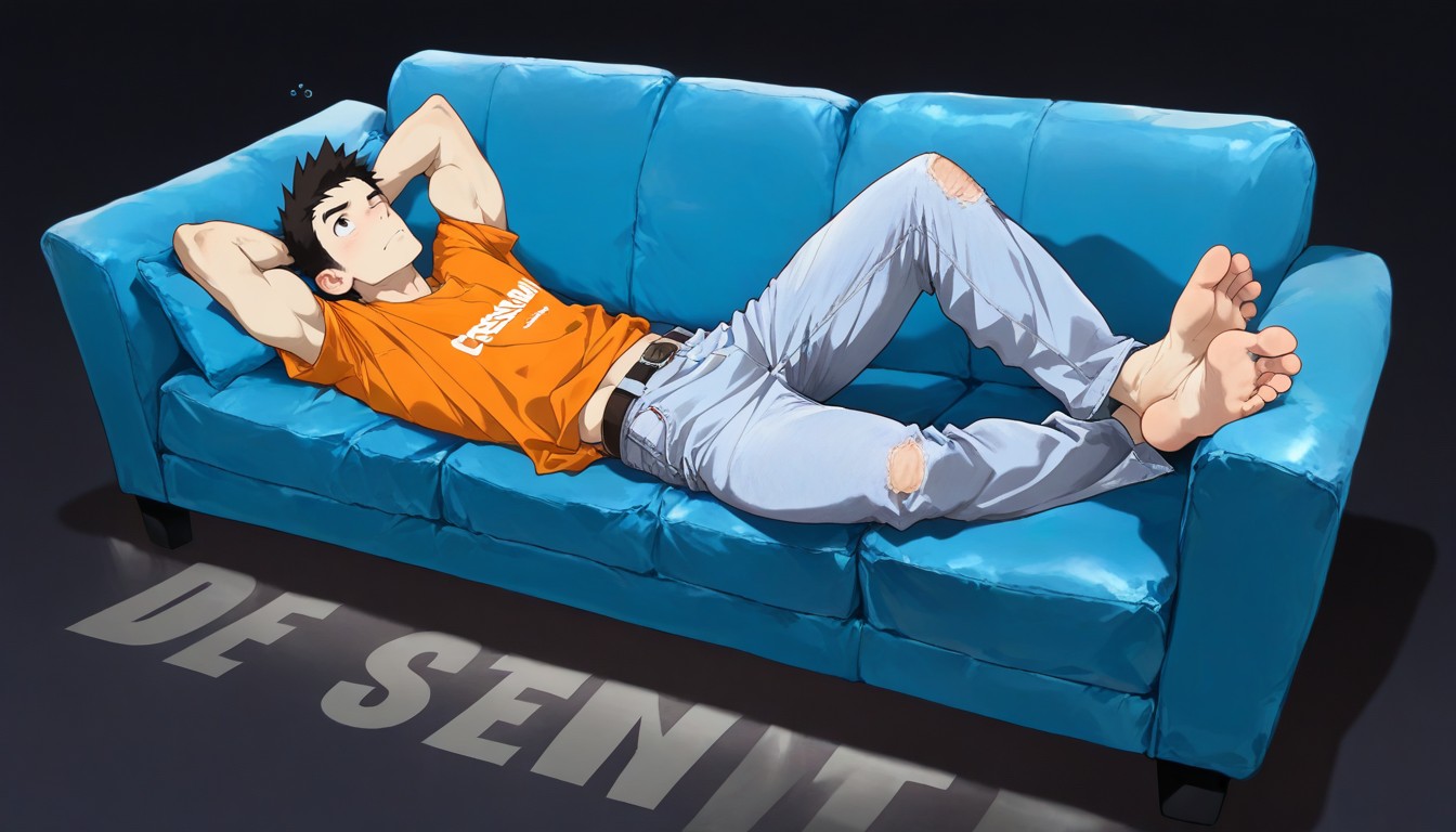 Lying On Blue Sofa, Dizdoodz, Front View AI Gay Porn