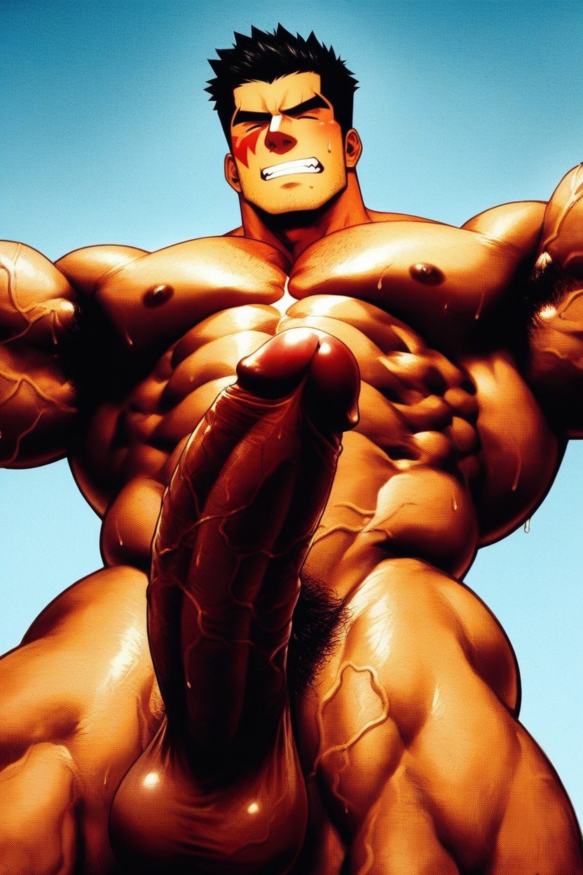 Oversized Muscles, His Arms Up, Sweaty AI Gay Porn