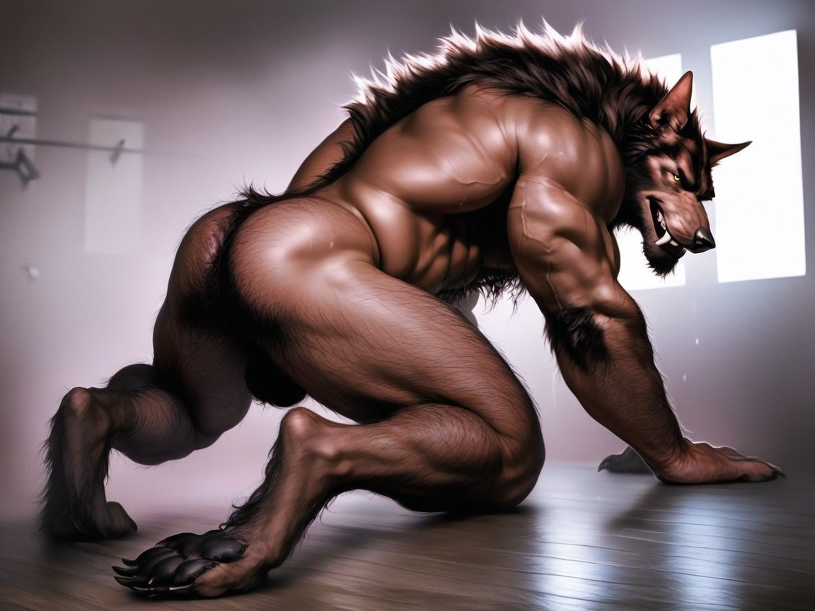Looking Back, Werewolf On Its Stomach Legs Spread, Wet Pink Butthole Visible AI Gay Porn