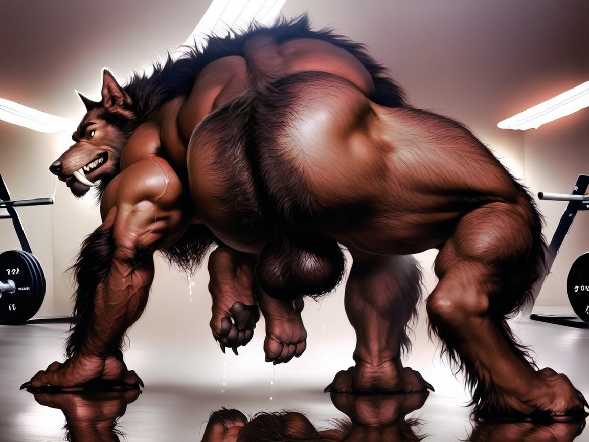 Paw Feet Bursting Out Of The Werewolf’s White Gym Shoes, Thick Chest Hair, Hairy Paw-like Werewolf Hands AI Gay Porn