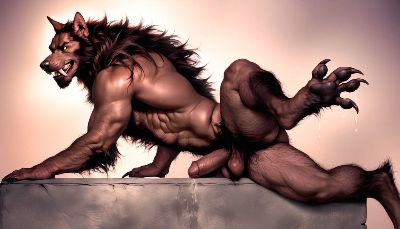 Werewolf’s Buttocks Spread, Wide-shot, Excited Yellow Eyes AI Gay Porn