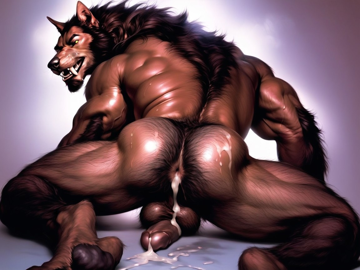 Thick Chest Hair, Hairy Paw-like Werewolf Hands, Rear View AI Gay Porn