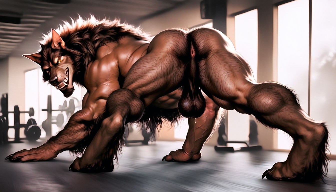 Finely Detailed Werewolf, Looking Back With Friendly Yellow Eyes, Werewolf Laying In A Gym AI Gay Porn