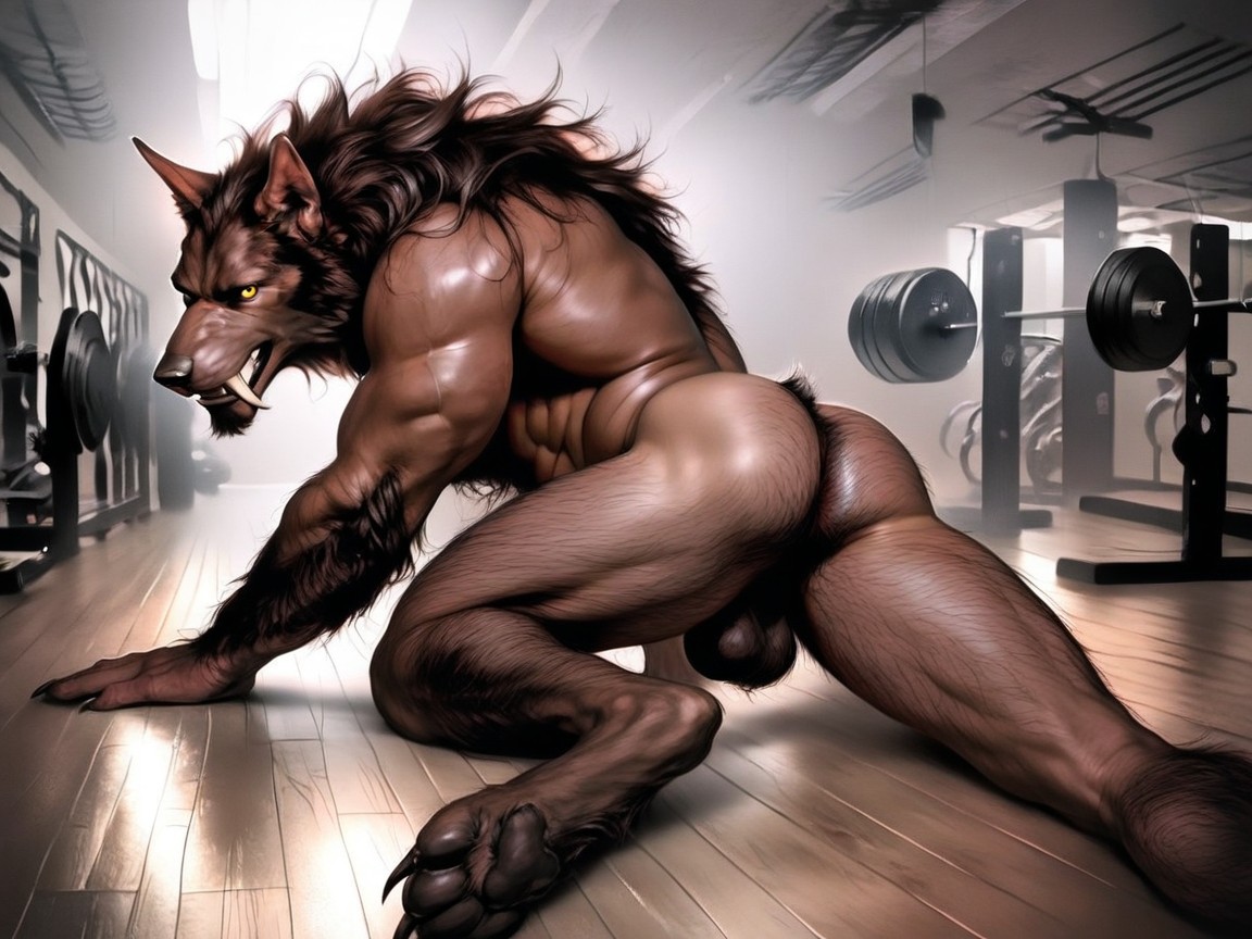 Beckoning With Yellow Eyes, Paw Feet Bursting Out Of The Werewolf’s White Gym Shoes, Intense Wild Expression Porno IA Gay