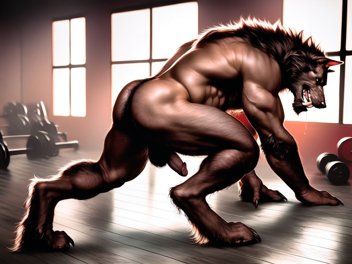 Excited Yellow Eyes, Thick Body Hair, Wearing Ripped Blue Gym Porno IA Gay
