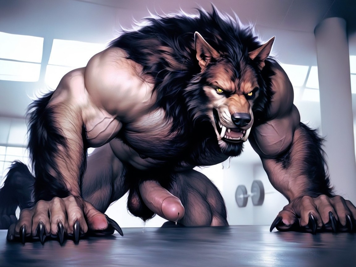 The Werewolf Is Covered In Fine Brown Fur, Excited Yellow Eyes, Intense Wild Expression ゲイAIポルノ