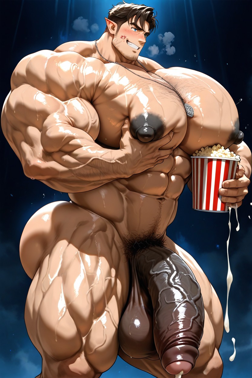 Vivid Cinematic Light Casting Rembrandt-style Deep Shadows On His Massive Bulking Body, Blushing, Hairy Derierre Porno IA Gay
