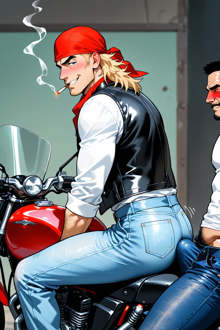 Hairy, Black Leather Vest On White Shirt, Smirking 게이 AI 포르노