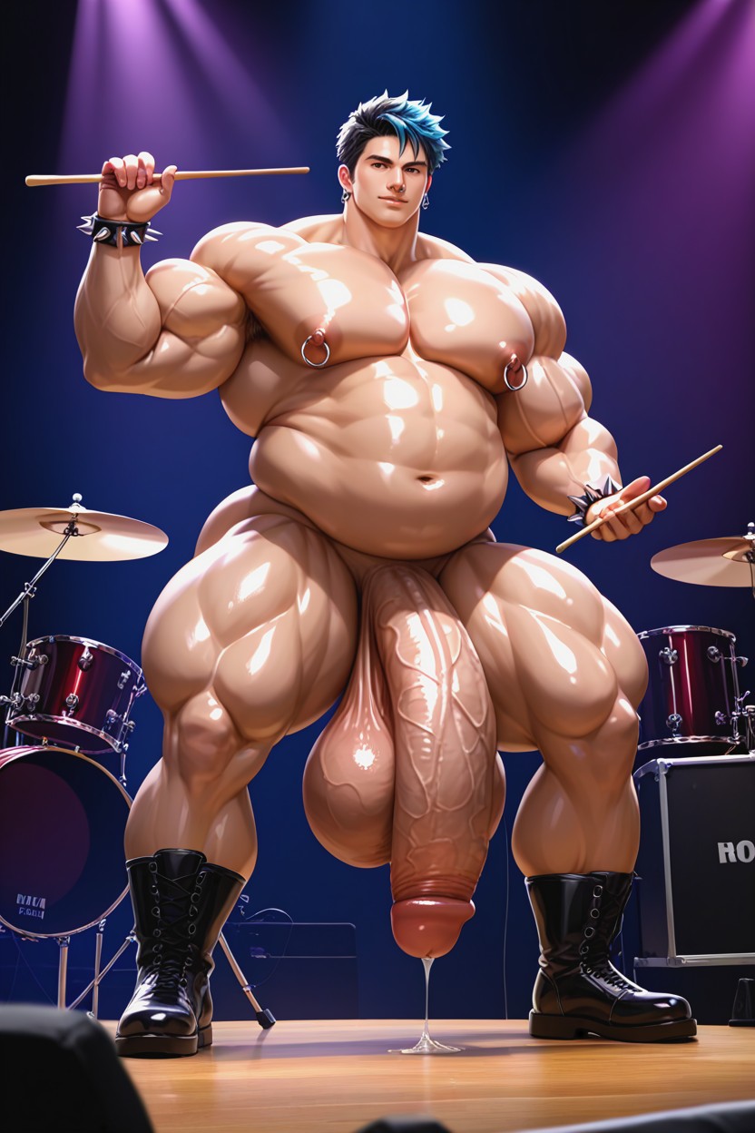 Sitting At Drumset, Bulky Fat Body, Pénis Hyper Long Et Impossible Porno IA Gay