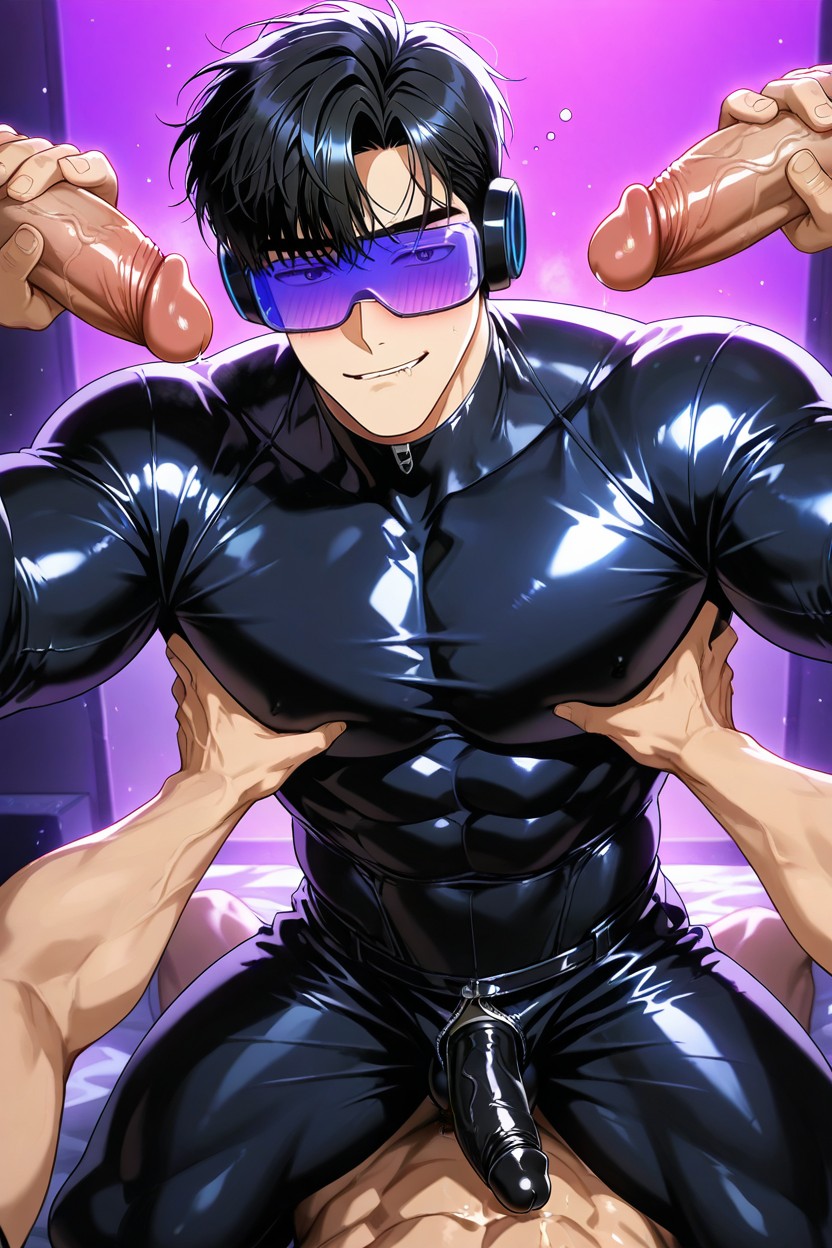 Extend Both Arms And Grab Penis, Penis In Front Of Him, Hypnotic Virtual Reality Glasses With Purple Light On The Face Porno IA Gay