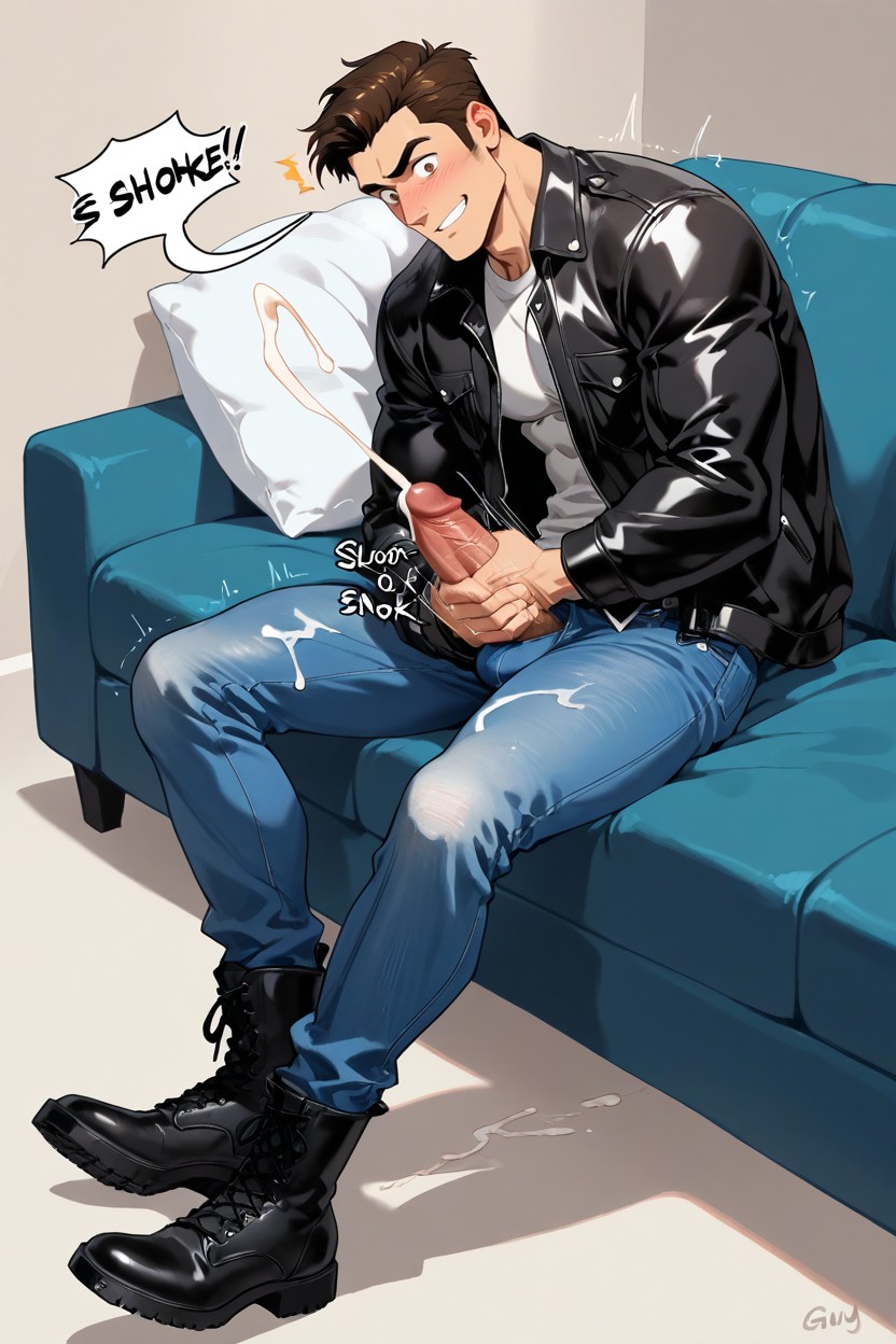 On Couch, Guy Receiving Handjob Is Snoring, Moaning Porno IA Gay