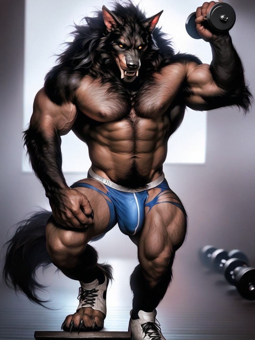 Excited Yellow Eyes, 18+, Werewolf Has A Heavy Dumbbell In Each Clawed Hand 게이 AI 포르노
