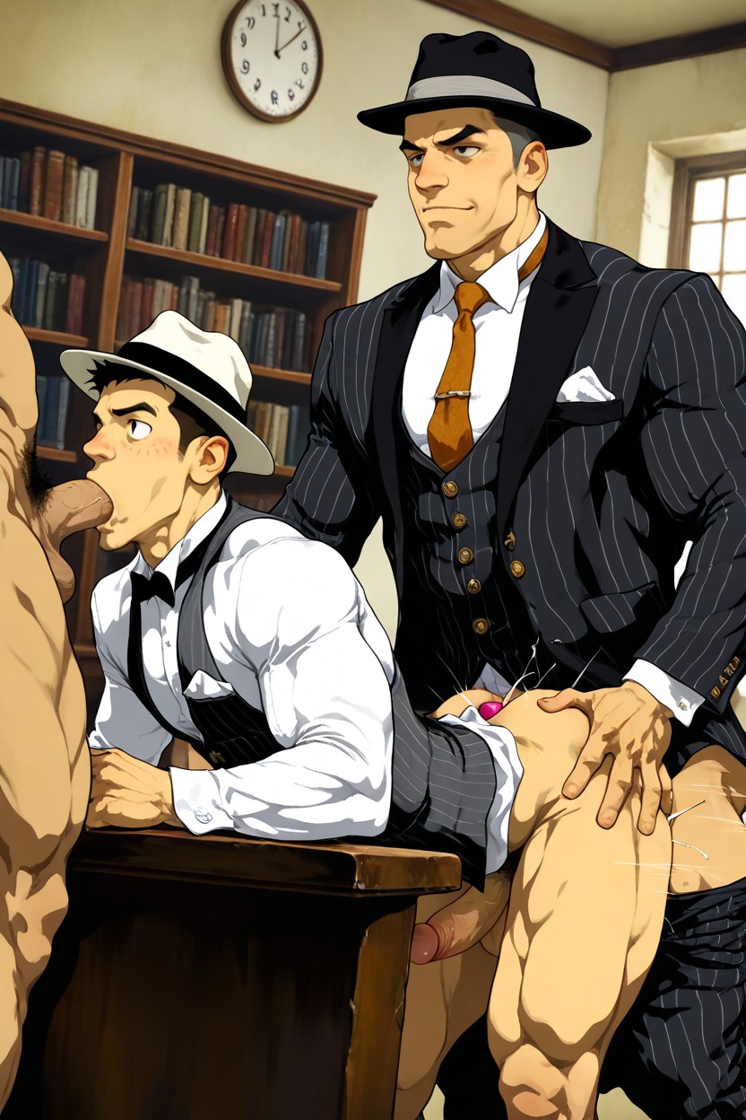 Стоя, Pearl-gray Fedora Slightly Tilted, Crisp White Shirt ИИ гей порно