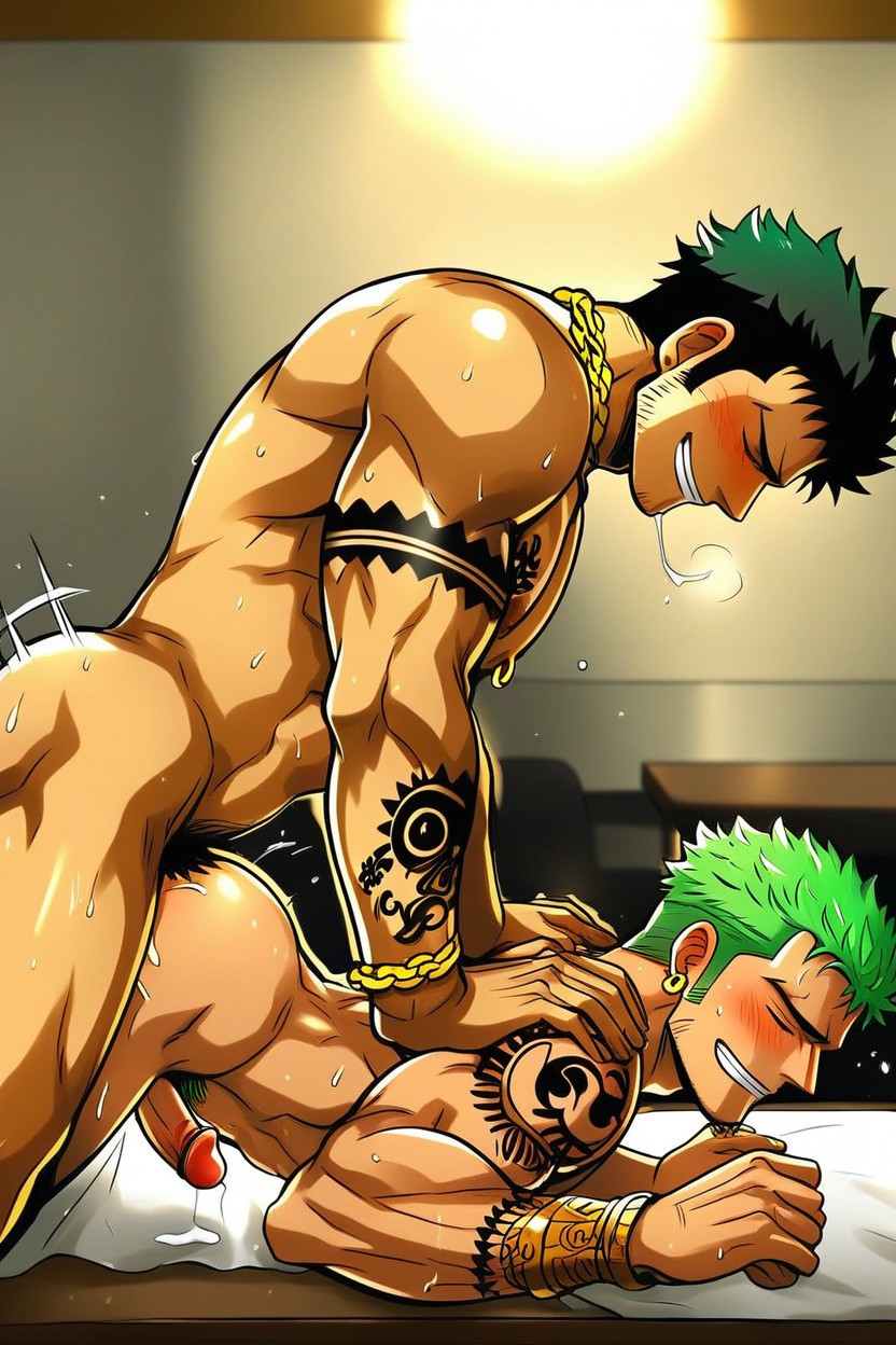 Dangling Gold Chain On The Neck Of Roronoa Zoro, Pool Setting, Black Hair Porno IA Gay
